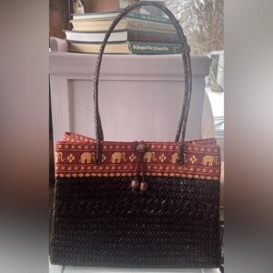 Handwoven Brown Tote Bag with Red Elephant Accent